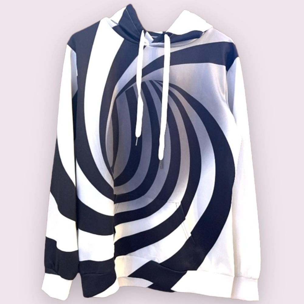 NWOT Black & White Spiral Hoodie with Kangaroo Pocket on Front